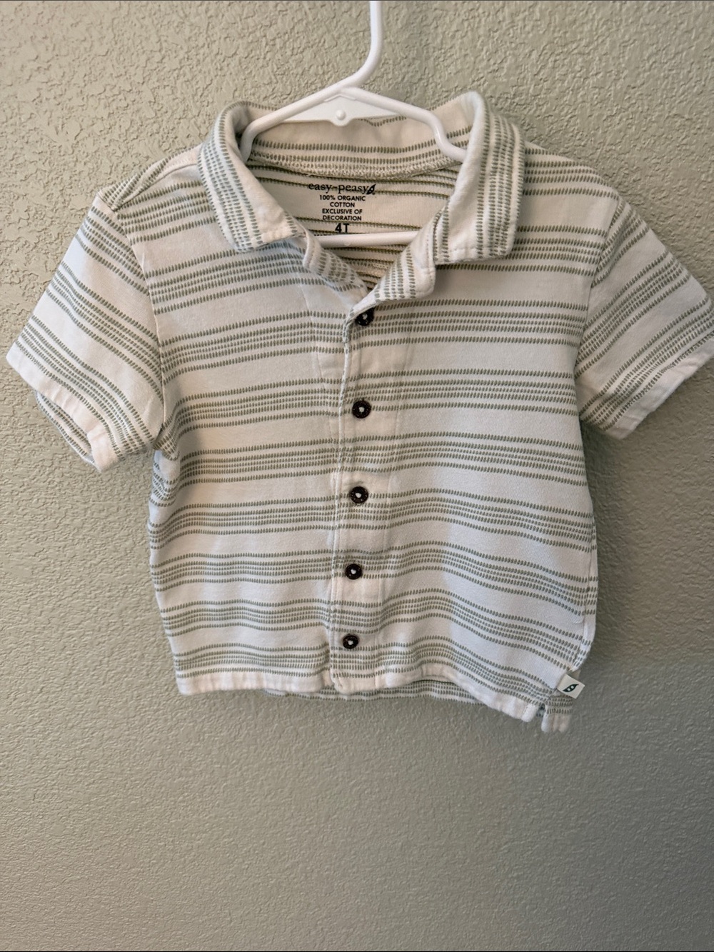 Easy Peasy 4T Short Sleeve 100% Organic Cotton Shirt White, Sage Green EUC